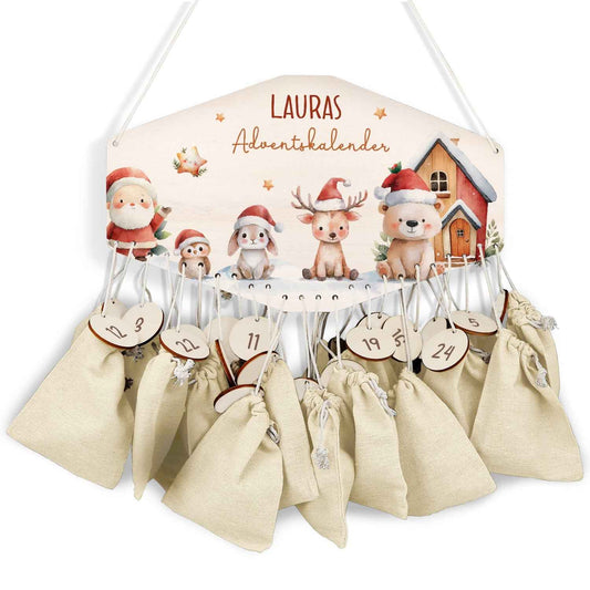 Personalisierter Adventskalender aus Holz mit Druckmotiv & Namen - Schneetiere