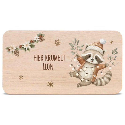 Frühstücksbrettchen zu Weihnachten - Waschbär - personalisiert mit Name