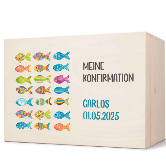 Bedruckte Erinnerungskiste zur Kommunion & Konfirmation - Bunte Fische