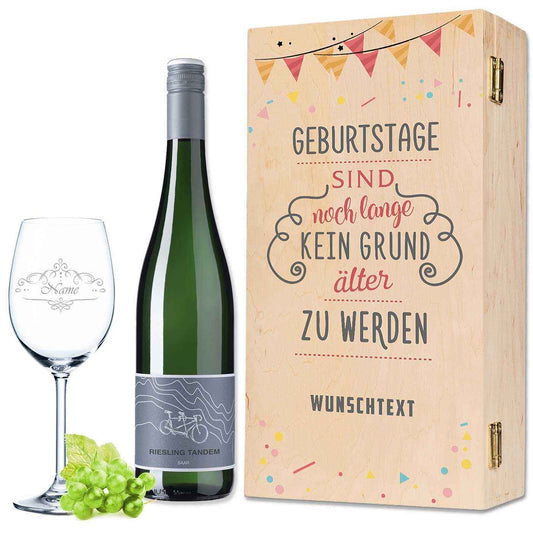 Leonardo Weinglas inkl. bedruckter Holzkiste + Weinflasche - Geburtstage sind kein Grund