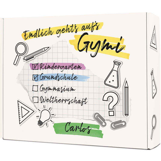 Personalisierte Geschenkbox - Endlich gehts aufs Gymi - Einschulung
