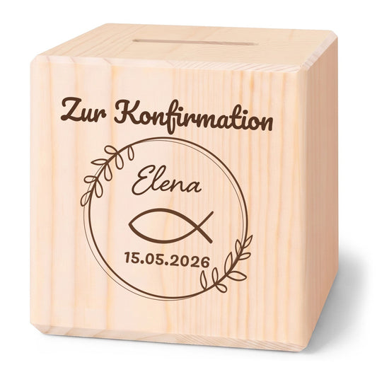 Spardose aus Holz - Fisch Kranz