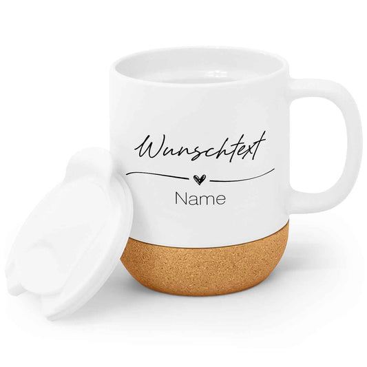 Bedruckte Tasse mit Korksockel & Deckel - Wunschtext V1