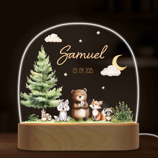 Kinder LED Nachtlicht mit Sockel aus Holz - "Waldfreunde"