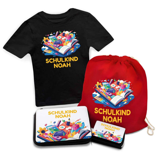 Personalisiertes Schulset - Buch - mit T-Shirt, Sportbeutel, Federmappe & Geldbörse