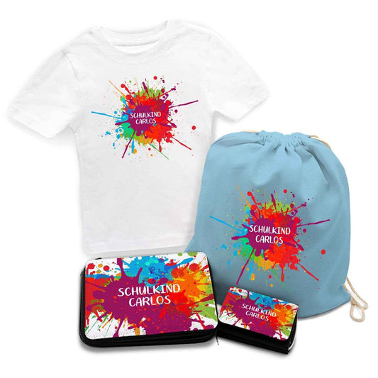 Personalisiertes Schulset - Colorsplash - mit T-Shirt, Sportbeutel, Federmappe & Geldbörse