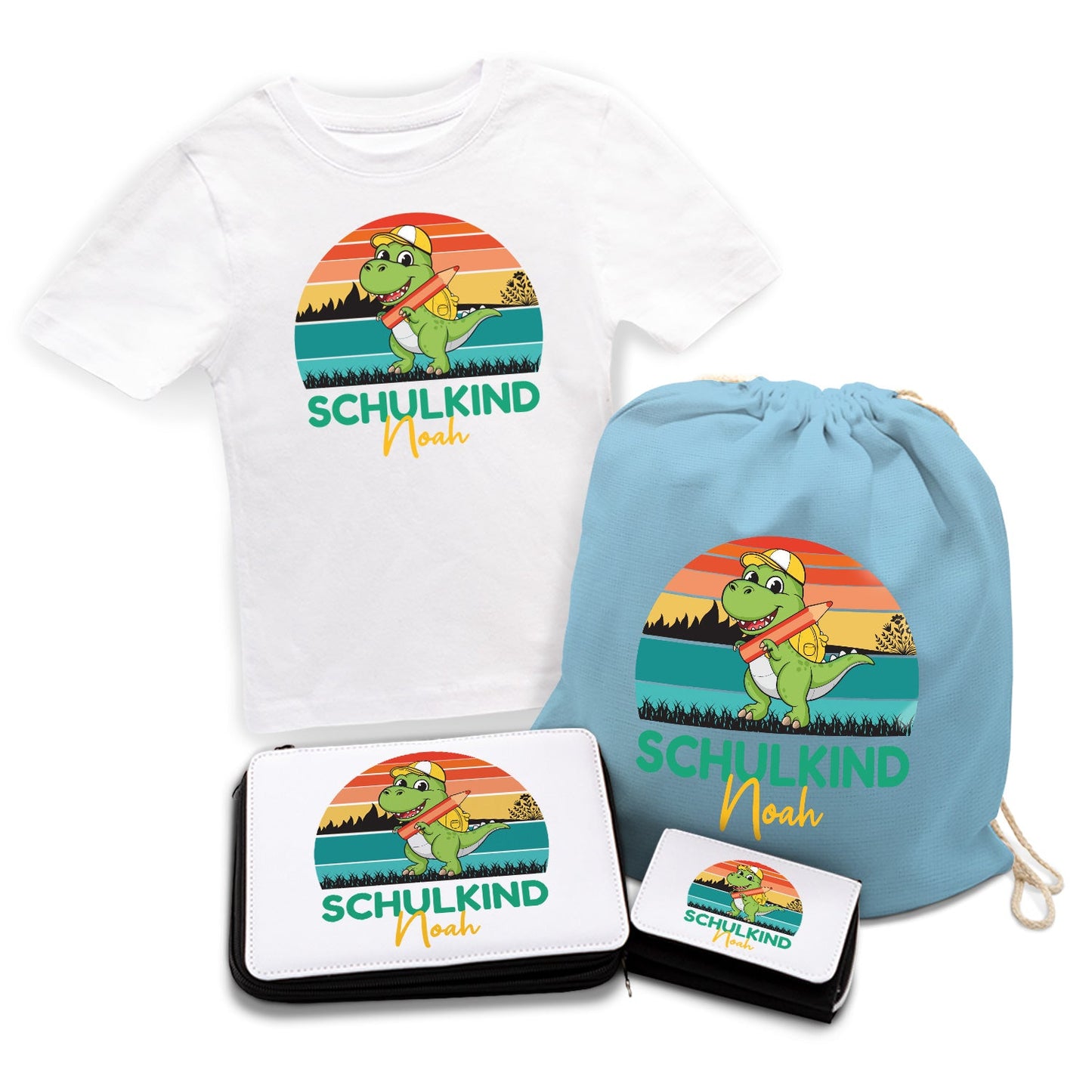 Personalisiertes Schulset - Dino - mit T-Shirt, Sportbeutel, Federmappe & Geldbörse