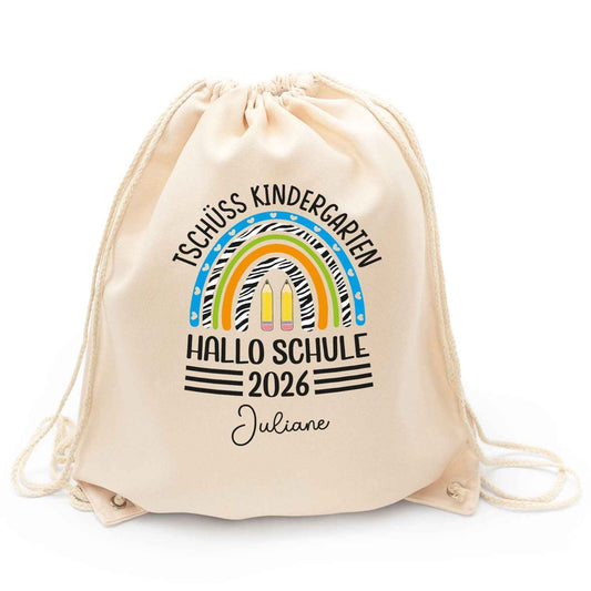 Turnbeutel für Kinder - Tschüss Kindergarten Regenbogen - zur Einschulung