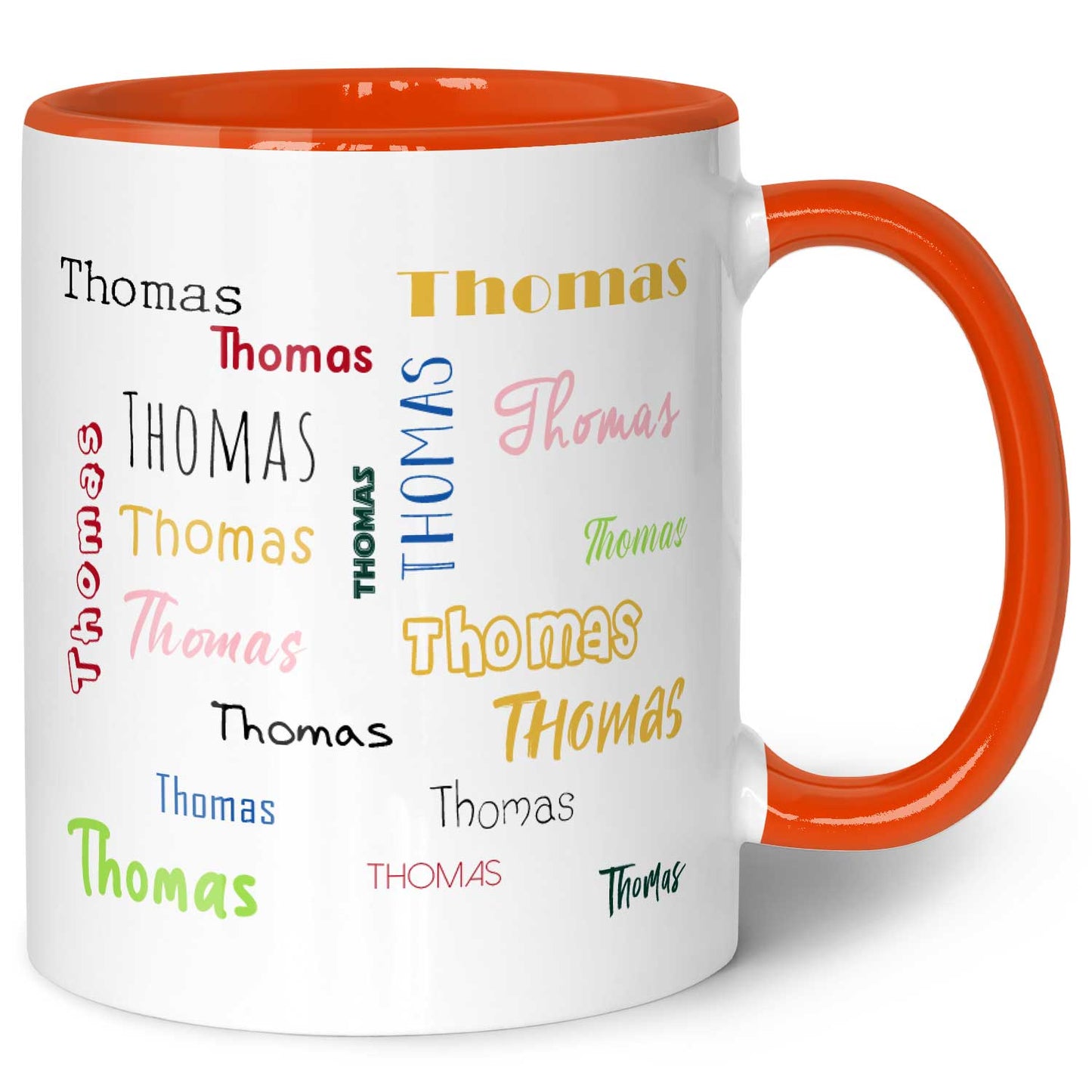 Bedruckte Tasse mit Namen in verschiedenen Schriftarten