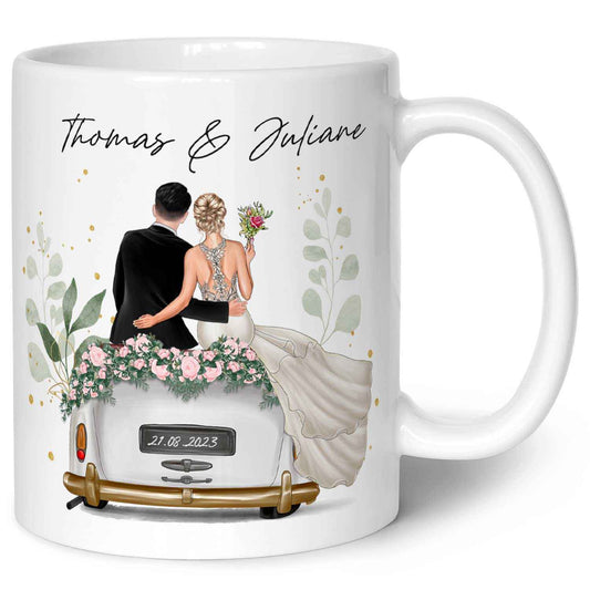 Bedruckte Tasse mit Konfiguration - Hochzeitsauto mit eigenem Brautpaar