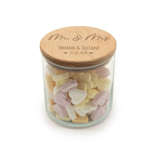 Graviertes Vorratsglas mit Holzdeckel - Mr & Mrs