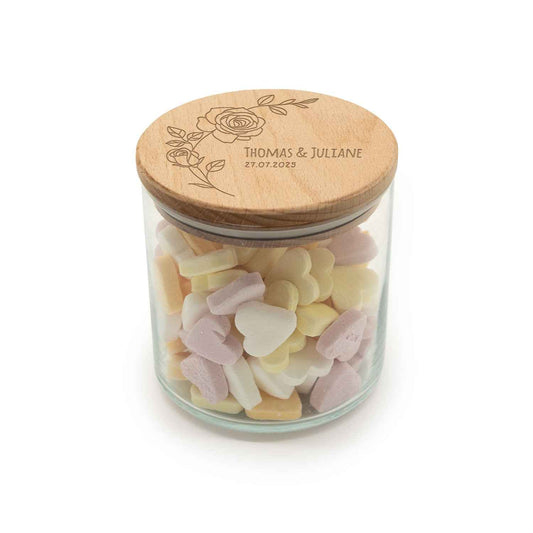 Graviertes Vorratsglas mit Holzdeckel - Rose