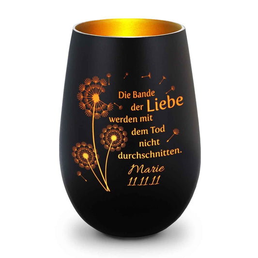 Deko Windlicht aus Glas mit Gravur - Pusteblumen - Personalisiert mit Namen & Datum