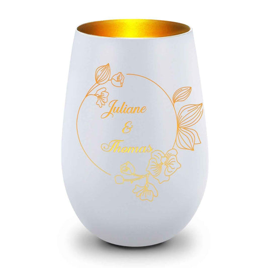 Deko Windlicht aus Glas mit Gravur - Nature Circle Flower - Personalisiert mit Namen