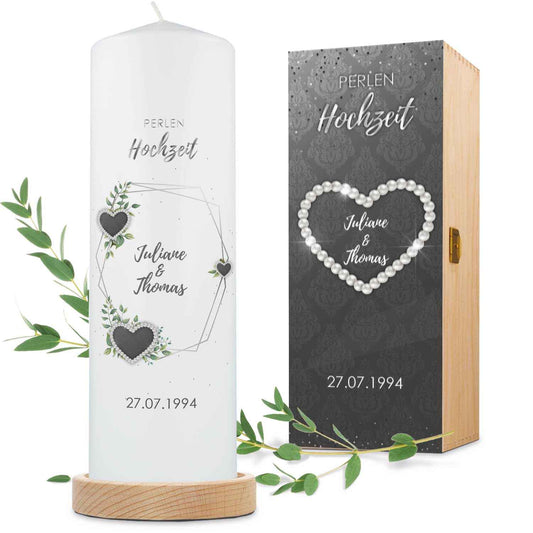 Große Kerze "Perlenhochzeit" - Hochzeitskerze mit Namen, Datum & Wunschtext