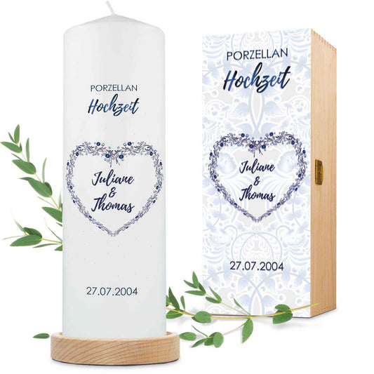 Große Kerze "Porzellanhochzeit" - Hochzeitskerze mit Namen, Datum & Wunschtext