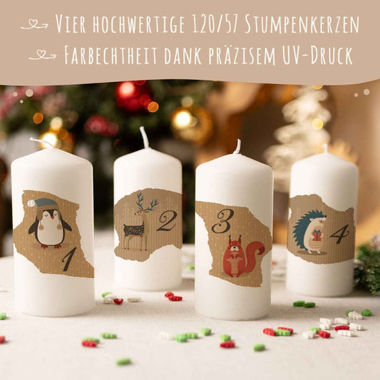 Kleine Kerzen "Advent Tiere Vintage" - Adventskerzen im 4er Set