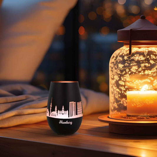 Deko Windlicht aus Glas mit Gravur - Skyline Hamburg