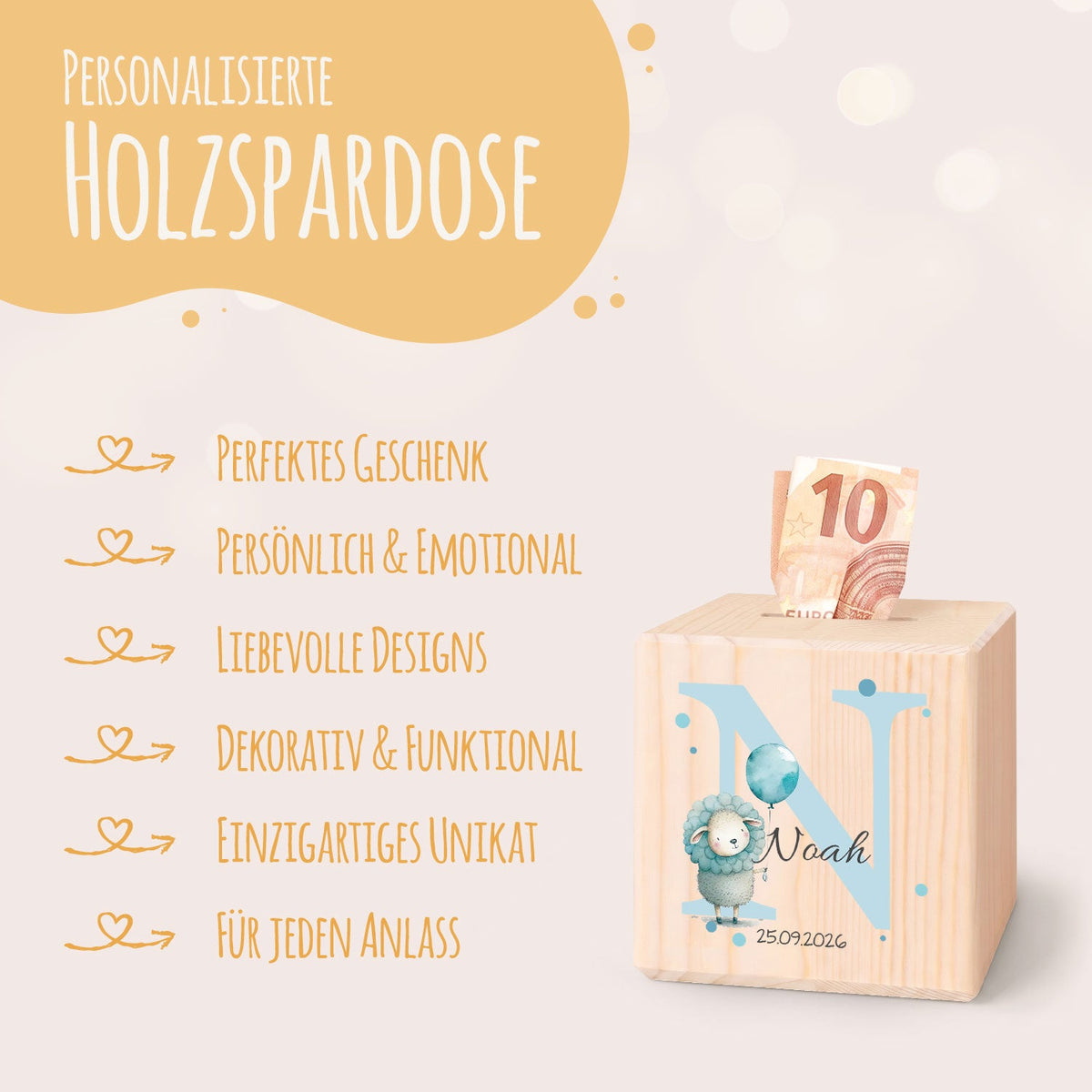 Spardose aus Holz - Initialen Tiermotive