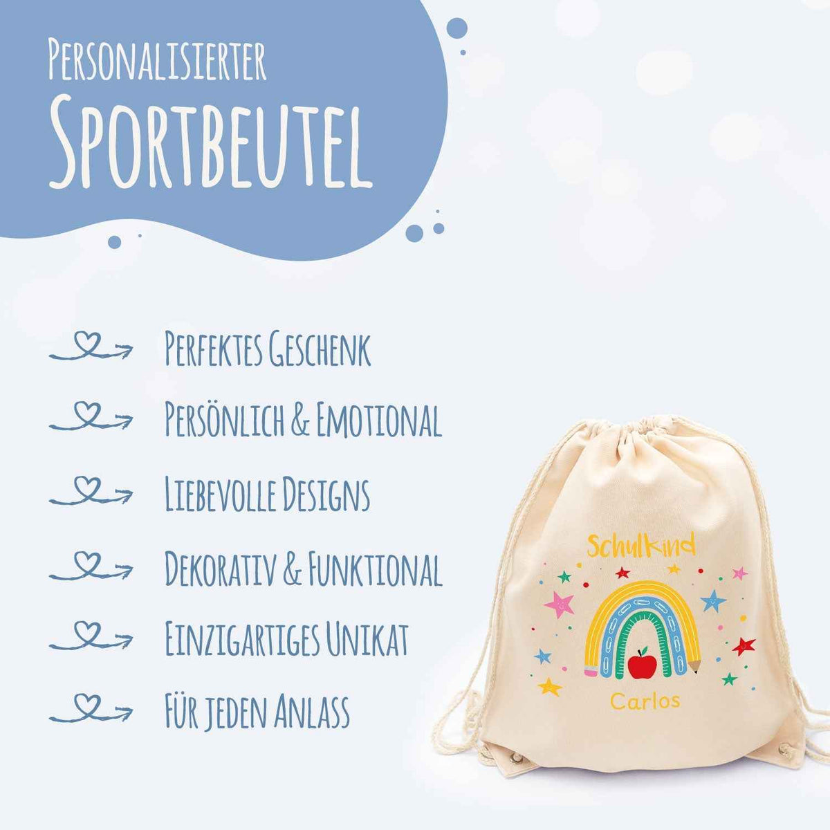 Turnbeutel für Kinder - Regenbogen Schulkind - zur Einschulung