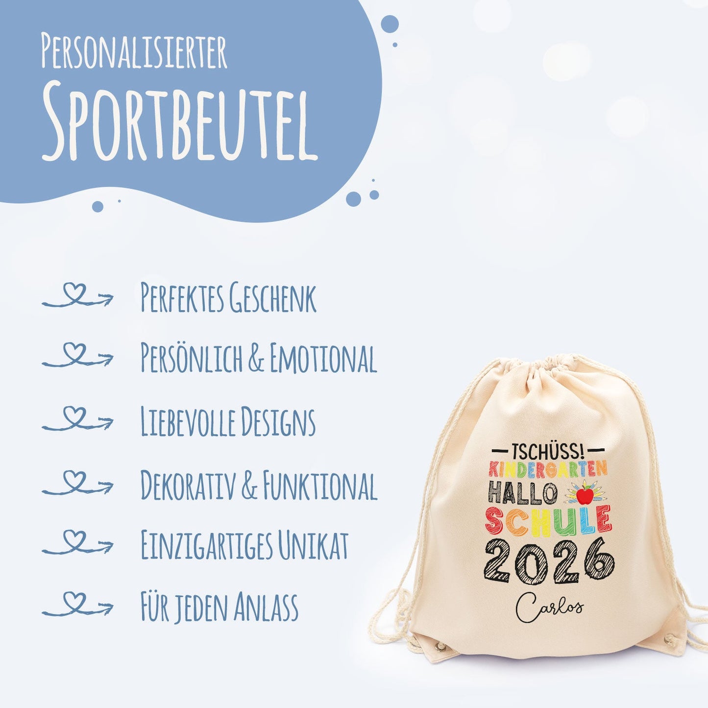 Turnbeutel für Kinder - Tschüss Kindergarten Hallo Schule - zur Einschulung