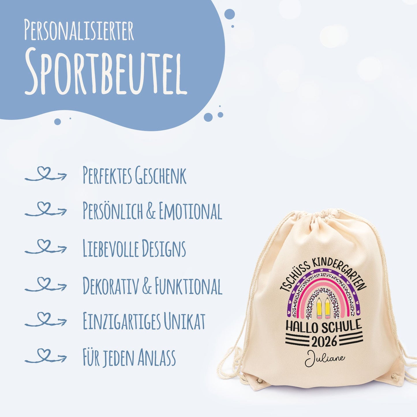 Turnbeutel für Kinder - Tschüss Kindergarten Regenbogen - zur Einschulung