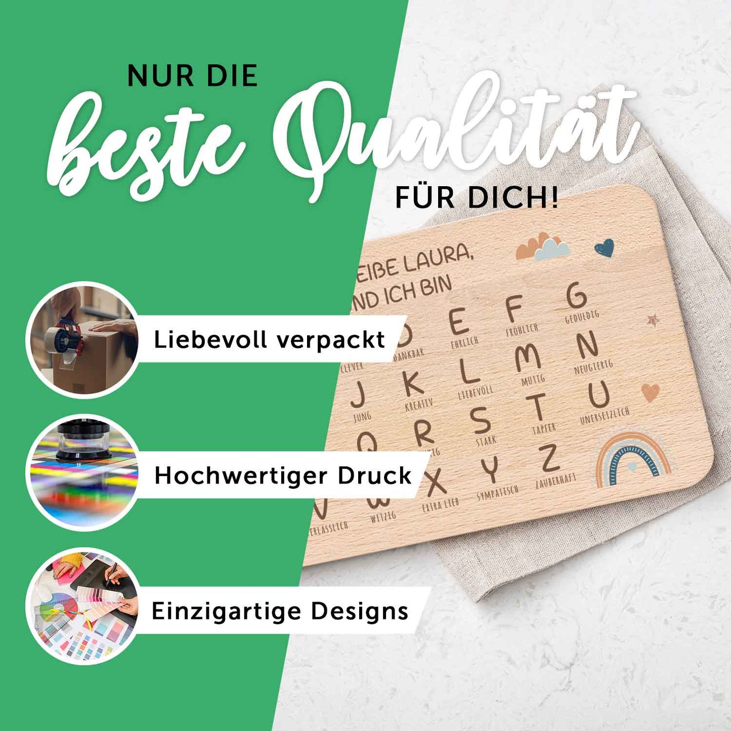 Frühstücksbrettchen mit Druckmotiv & Name - ABC Regenbogen