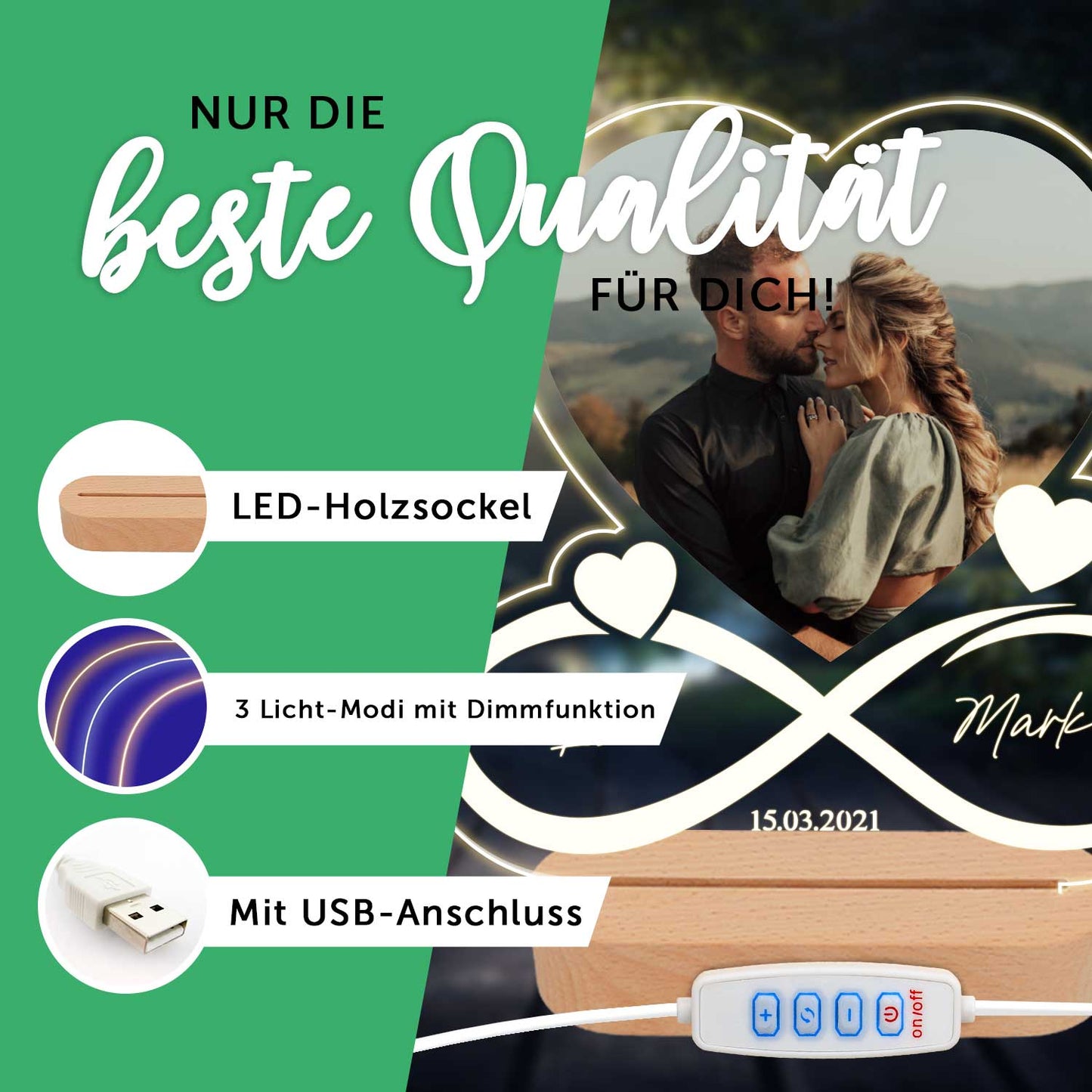 Beleuchtetes LED Acrylglas mit Foto, Namen & Datum - Unendlichkeit