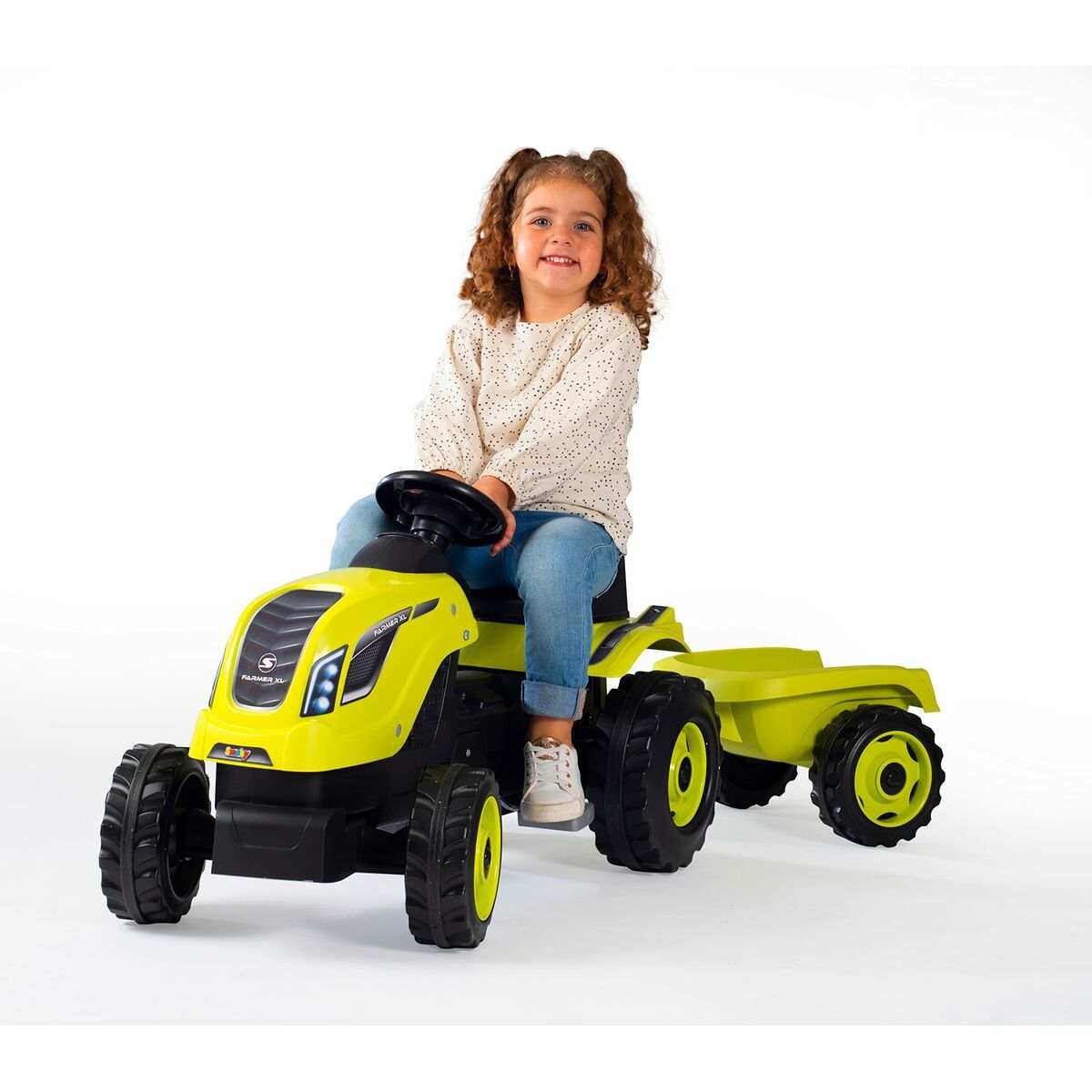 Grünes Rutschauto Smoby Trailer Traktor für Kinder ab 3 Jahren, Outdoor-Spielzeug aus Kunststoff