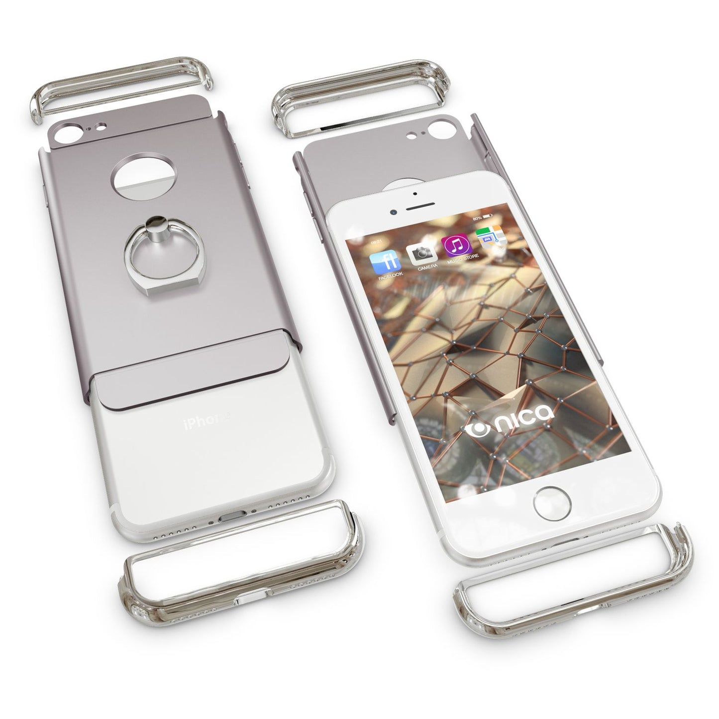 NALIA Ring Handyhülle kompatibel mit iPhone 7, Schutz-Hülle Cover mit 360-Grad Fingerhalterung, Dünnes Hard-Case mit Ständer, Slim Backcover Smart-Phone Etui Telefon-Schale Matt Metallisch - Silber