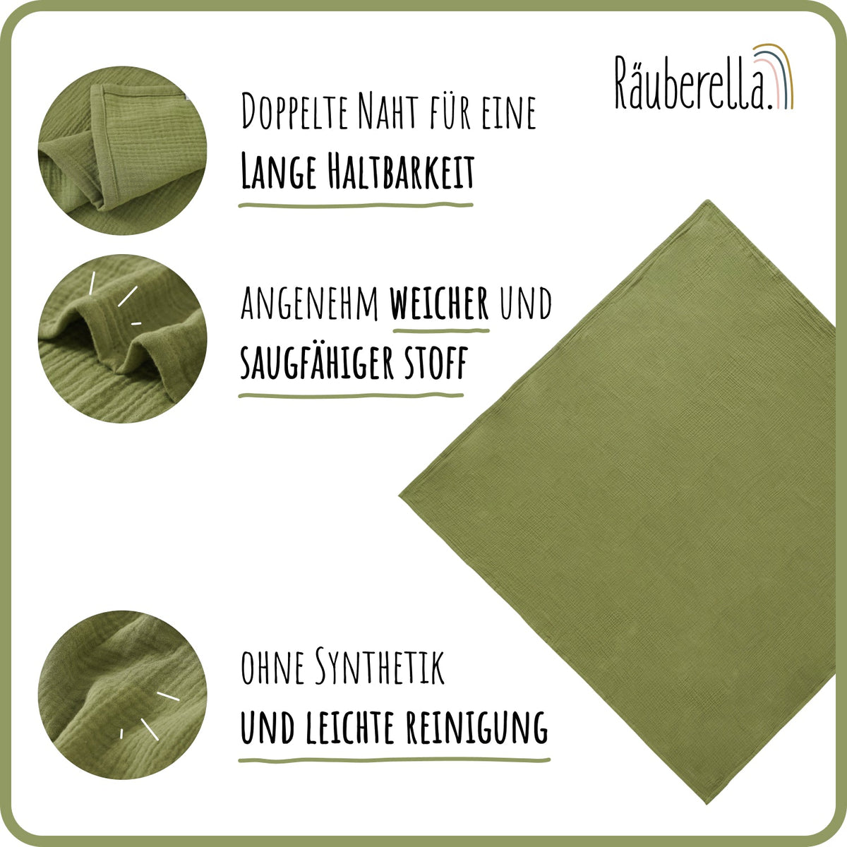Musselin Babydecke 120x120 cm aus Baumwolle Olivgrün