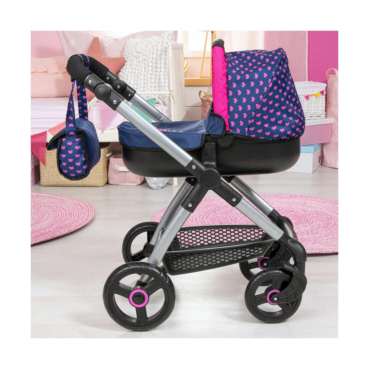 Puppenwagen Marineblau Kinder Spielzeug Pram 63 cm mit Rädern und elegantem Design