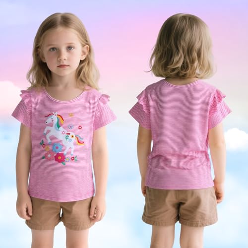 JinBei Mädchen T-Shirts Baumwolle Kinder Kurzarm Oberteile Rundhals Tops Shirts Atmungsaktiven Sommer Kleidung Niedlichen Mustern Sportshirt Casual Rosa und Weiß Streifen 2-7 Jahre, GR. 92-122