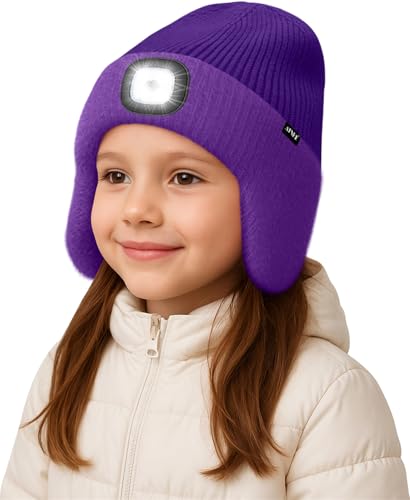 ATNKE Kinder LED Beleuchtete Ohrenklappen Mütze mit Licht,USB Wiederaufladbare 4 LED Laufmütze Stirnlampe Winter Warm Fleece Gefüttert Strick Mütze Geschenke für Jungen und Mädchen