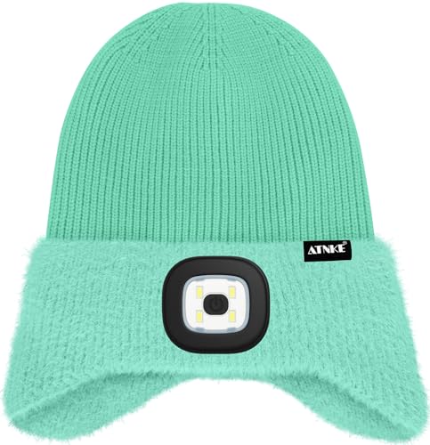 ATNKE Kinder LED Beleuchtete Ohrenklappen Mütze mit Licht,USB Wiederaufladbare 4 LED Laufmütze Stirnlampe Winter Warm Fleece Gefüttert Strick Mütze Geschenke für Jungen und Mädchen