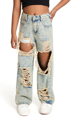 Happy Cherry Girls Jeans Pants Hole Wash Denim Blue Trousers Kids Elastic Waist Vintage Jeans Wide Leg Jeans Pants 130-160