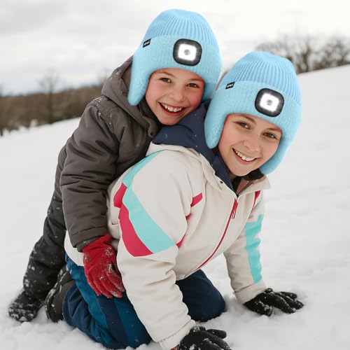 ATNKE Kinder LED Beleuchtete Ohrenklappen Mütze mit Licht,USB Wiederaufladbare 4 LED Laufmütze Stirnlampe Winter Warm Fleece Gefüttert Strick Mütze Geschenke für Jungen und Mädchen