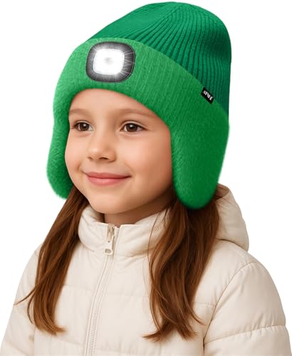 ATNKE Kinder LED Beleuchtete Ohrenklappen Mütze mit Licht,USB Wiederaufladbare 4 LED Laufmütze Stirnlampe Winter Warm Fleece Gefüttert Strick Mütze Geschenke für Jungen und Mädchen