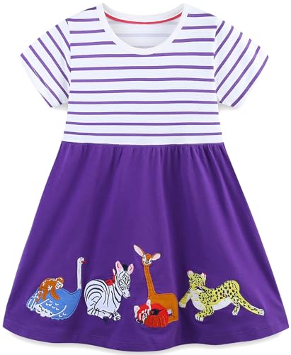 Mädchen Kleider Baumwolle Blumen Knöpfe Streifen Kurzarm T-Shirt Casual Frühling Sommer Kleid für Kinder Größe 92-122, 1-7 Jahre
