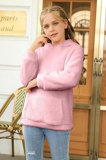 Runcati Girls' Hooded Pullover, Fuzzy Teddy Fleece Sweatshirts with Hood Pockets, Leisure, Warm, Children's Hoodies