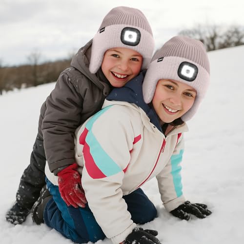ATNKE Kinder LED Beleuchtete Ohrenklappen Mütze mit Licht,USB Wiederaufladbare 4 LED Laufmütze Stirnlampe Winter Warm Fleece Gefüttert Strick Mütze Geschenke für Jungen und Mädchen