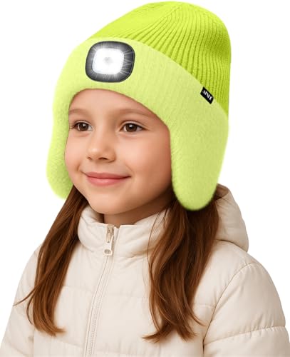 ATNKE Kinder LED Beleuchtete Ohrenklappen Mütze mit Licht,USB Wiederaufladbare 4 LED Laufmütze Stirnlampe Winter Warm Fleece Gefüttert Strick Mütze Geschenke für Jungen und Mädchen