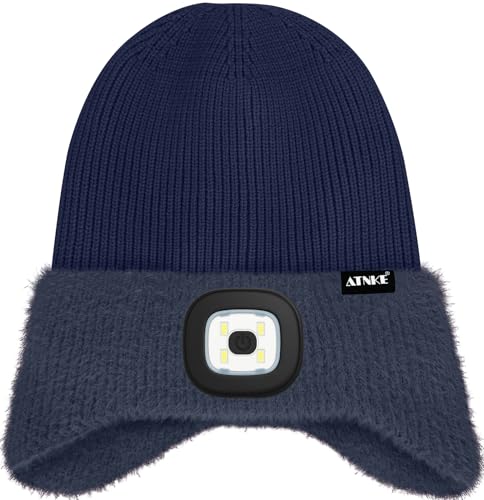 ATNKE Kinder LED Beleuchtete Ohrenklappen Mütze mit Licht,USB Wiederaufladbare 4 LED Laufmütze Stirnlampe Winter Warm Fleece Gefüttert Strick Mütze Geschenke für Jungen und Mädchen
