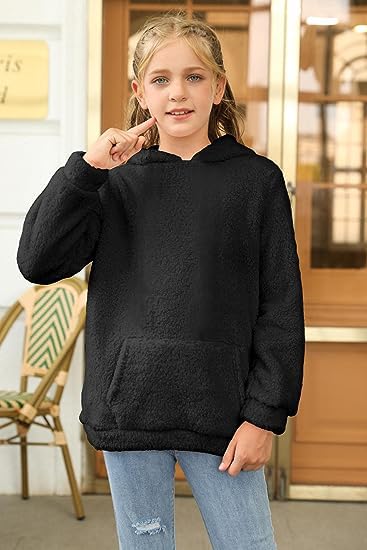 Runcati Girls' Hooded Pullover, Fuzzy Teddy Fleece Sweatshirts with Hood Pockets, Leisure, Warm, Children's Hoodies