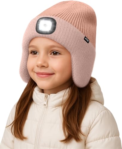 ATNKE Kinder LED Beleuchtete Ohrenklappen Mütze mit Licht,USB Wiederaufladbare 4 LED Laufmütze Stirnlampe Winter Warm Fleece Gefüttert Strick Mütze Geschenke für Jungen und Mädchen