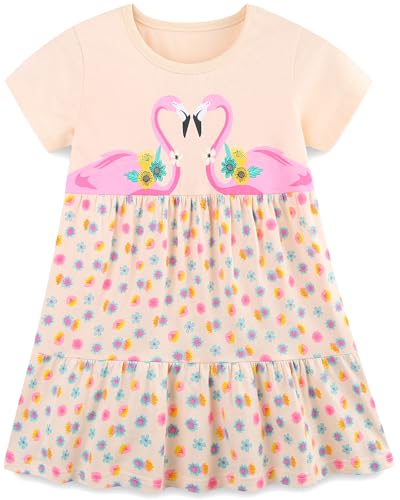 Mädchen Kleider Baumwolle Blumen Knöpfe Streifen Kurzarm T-Shirt Casual Frühling Sommer Kleid für Kinder Größe 92-122, 1-7 Jahre