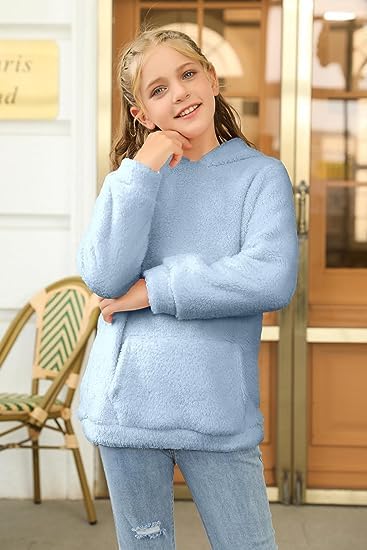 Runcati Girls' Hooded Pullover, Fuzzy Teddy Fleece Sweatshirts with Hood Pockets, Leisure, Warm, Children's Hoodies