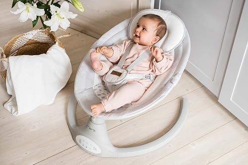 MoMi KENANI baby bouncer for children up to 9 kg, foldable, with remote control & Bluetooth for connecting to a smartphone, battery or power connection, with 5-point safety belt, sun protection, insect net