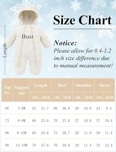 FEOYA Baby Winter Jumpsuit with Hood Snowsuit Down Suit Romper Thermal Outdoor Snow Jumpsuit Long Sleeve Down Shoes 3-18 Months
