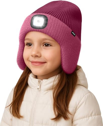 ATNKE Kinder LED Beleuchtete Ohrenklappen Mütze mit Licht,USB Wiederaufladbare 4 LED Laufmütze Stirnlampe Winter Warm Fleece Gefüttert Strick Mütze Geschenke für Jungen und Mädchen